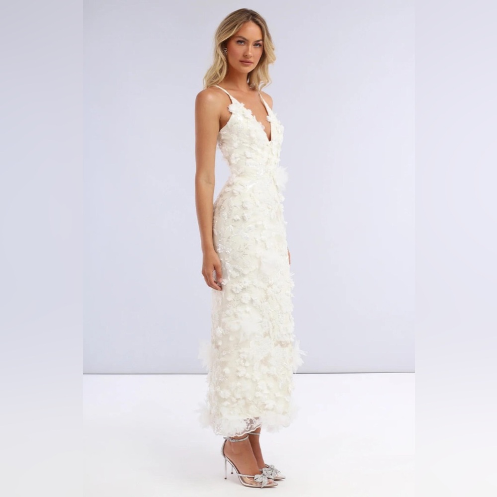 HELSI Nora Deep V-Neck Sequin & Applique Midi Dress Size XS off white NWOT - Picture 2 of 9